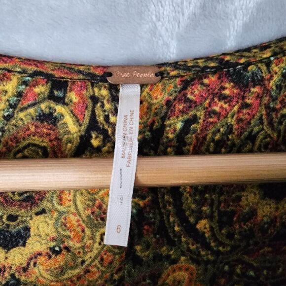 Free People Dress Womens 6 Small Olivia Midi Paisley Print Smocked Pleated Gold - Picture 6 of 11